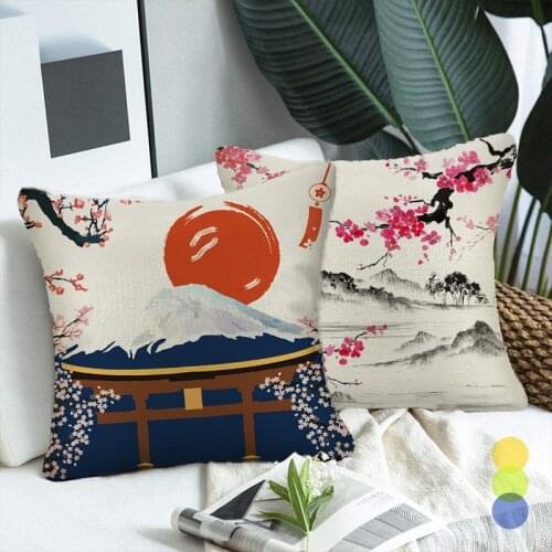 Japanese Fuji Mountain Pattern Decorative Throw Cushions Fauxlinen Sofa Cushions Office Chair Couch Hotel Decoration Aceesories