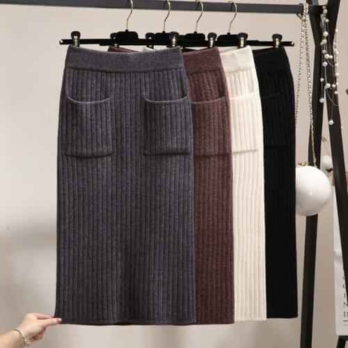 2021 Woman High Waist Winter Knitting Long Skirts Female Vintage Skirt with Pocket Ladies Thick Knit Long Fashion Skirt H839