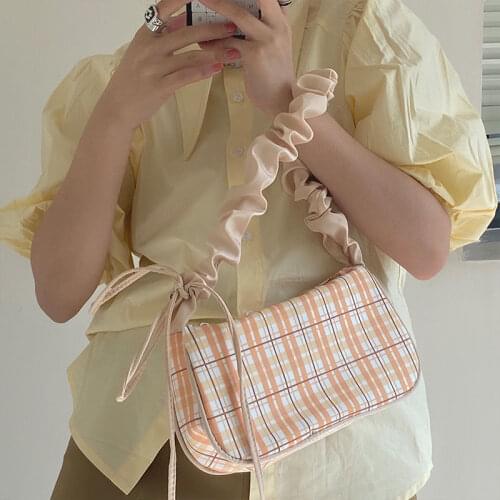 Retro Plaid Women Underarm Bags Fashion Girly Nylon Small Shoulder Messenger Bag Pleated Shoulder Strap Ladies Purse Handbags