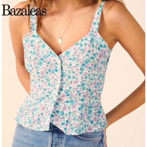 Bazaleas France Floral Pink Floral Print Tank Top Vintage spaghetti strap women Camis Slim Center Buttons Tank Top Women