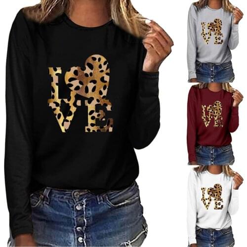 Women Long Sleeve Valentine Day Round Neck Ladies Sweatshirt LOVE Printing Solid Color All-match Girls T-shirt