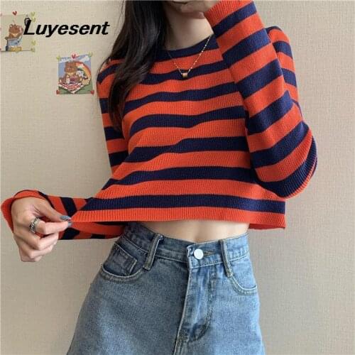 Girl Elegant Striped Basic Knit T Shirt Autumn Lady O Neck Full Sleeve Street Pullover Knitted T-shirt Korean Fashion Clothes