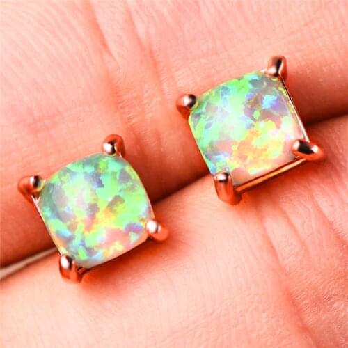 Boho Female White Blue Green Fire Opal Earrings Cute Rose Gold Bridal Wedding Jewelry Small Double Stud Earrings For Women
