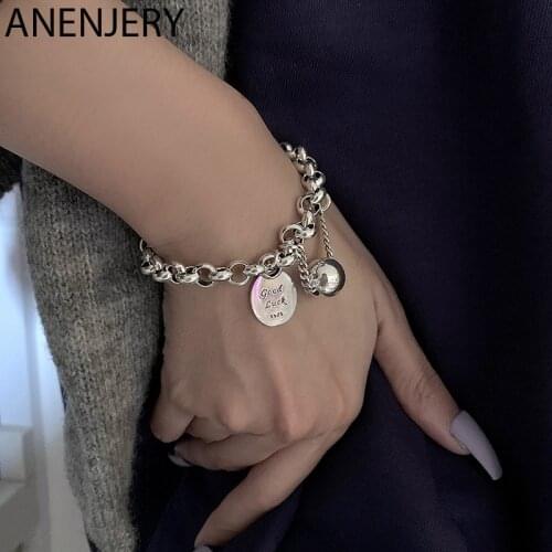 ANENJERY 925 Sterling Silver Ball Pendant Tag Charms Bracelet for Women Vintage Thick Chain Hip Hop Bracelet Jewelry S-B516