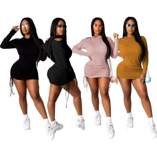 S0211 European and American Womens Fashion New Solid Color Sports and Leisure Sweater Off-the-shoulder Pleated Drawstring Dress