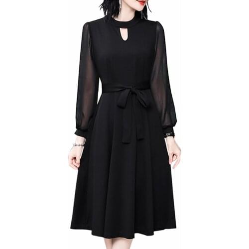 Black Mesh Long Sleeve O-Neck Mid-Calf Party Dress women Elegant Mesh Dress 2021 spring vintage Dress women