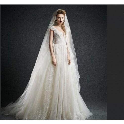 Louisvuigon woman brides vestido de noiva sexy backless cap sleeve v-neck 2020 lace Wedding Dress a-line beading robe de mariage