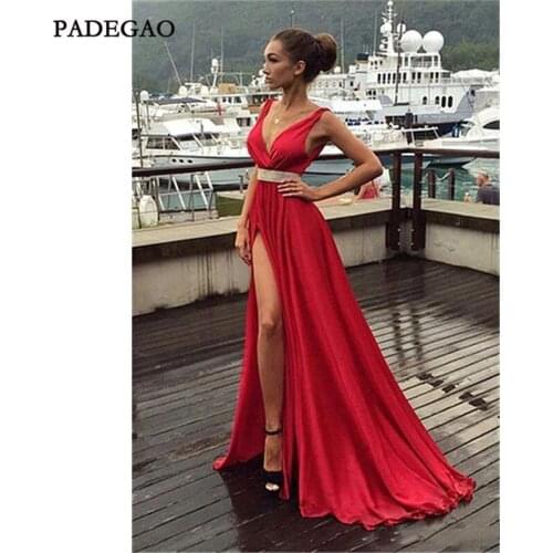 Cheap Red Evening Dresses Long A-Line Party Wear Beading V Neck Side Split Sweep Train Formal Evening Dress Plus Size