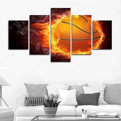 5 Panel Wall Art Painting Burning Fire Basketball Prints On Canvas The Picture Decor Oil For Home Modern Decoration Print