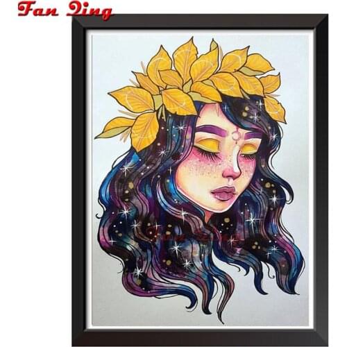 5D Diamond Painting Abstract Girl With Leaves Full Square Diy Diamond Embroidery Mosaic Kit Portrait Rhinestone Home Decoration