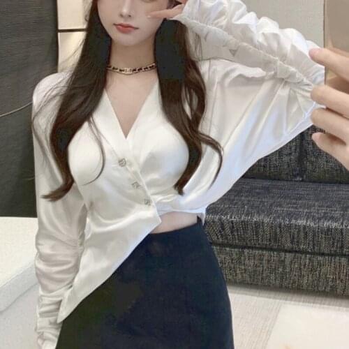 White Casual Elegant Blouse Autumn 2021 Long Sleeve France Korean Chic Blouse Women Irregular High Street Designer Clothing 2021