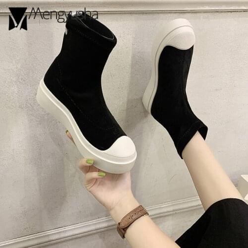 Platform boots women round toe socofy flock ankle booties back glitter band sock bottes femme slip on muffins winter short boots