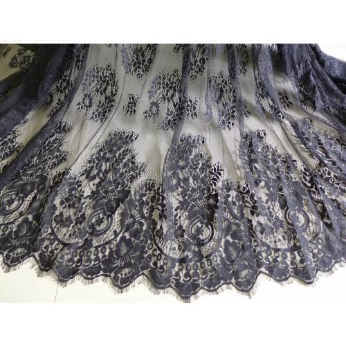 CHANTILLY Eyelash Lace Fabric in Black with Floral Leaf for Wedding gown, Lace top, Bridal Dress Fabric BTY