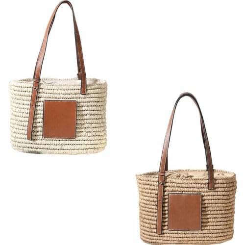 Women Summer Beach Woven Straw Handbag with Adjustable Faux Leather Handle Large Single Shoulder Tote Bag Drawstring Basket