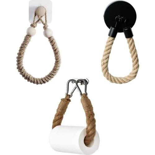 Wall Mounted Toilet Paper Holder Nail-free Hemp Rope Storage Rack Kitchen Bathroom Toilet Paper Holder Retro Towel Storage Rack