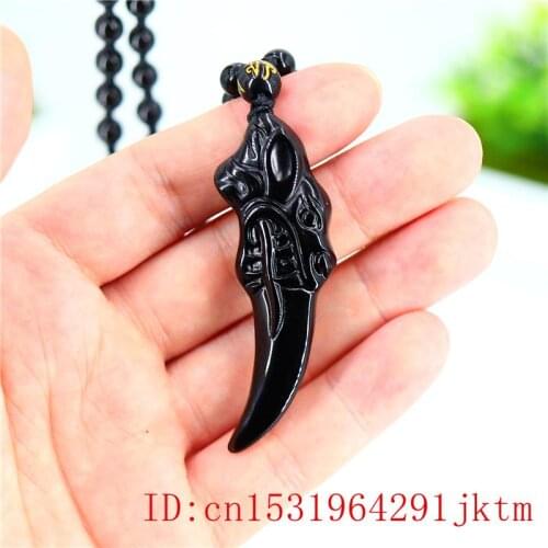 Natural Obsidian Wolf tooth Pendant Chinese Charm Carved Black Necklace Jewelry Amulet for Gifts Men