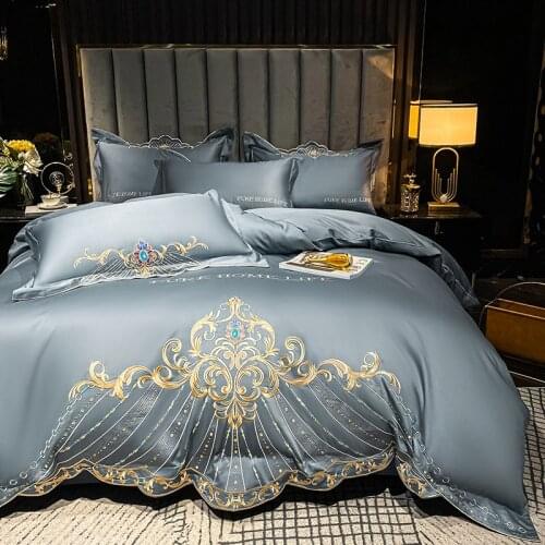 Solid Color Luxury European Royal Gold Embroidery 600TC Egyptian Cotton Bedding Duvet Cover Bedspread Flat Sheet Pillowcases