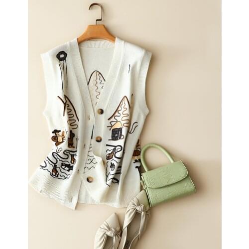 2020 autumn new style cashmere wool cardigan women sleeveless european star fashion embroidery ladies vest