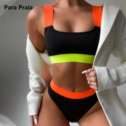 Para Praia 2021 Push Up Bikini High Wasit Swimsuit Sexy Patchwork Bandeau Swimwear Women Sport Swimsuit New Bathing Suit Summer