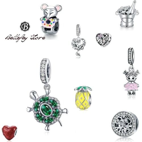 Bellafay Customed Tortoise Pendants Real 925 Sterling Silver Heart Beads Pineappe Fits Original Bracelet Bangles DIY Jewelry