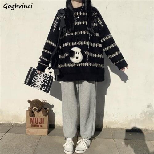 Pullovers Women Thickening Striped O-neck Oversize Boyfriend Korean Style Trendy Lazy Chic Casual Daily Sweater Winter Females