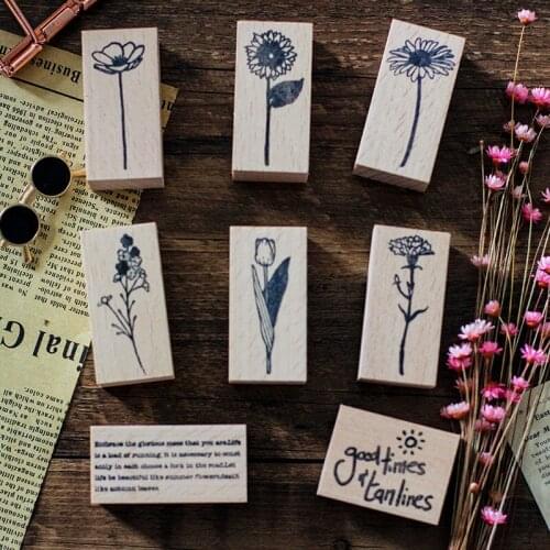 Retro Plant Sketch Stamp Sunflowers Tulip Daisy Drawing Seal Wood Stamps Chop Hand Account Diary Mood Invitation Card Decoration