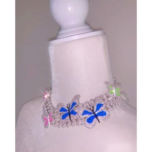 Silver color pink Enamel Butterfly Charm choker Necklace Iced Out CZ Miami Cuban Link Chain Butterfly Choker short necklace