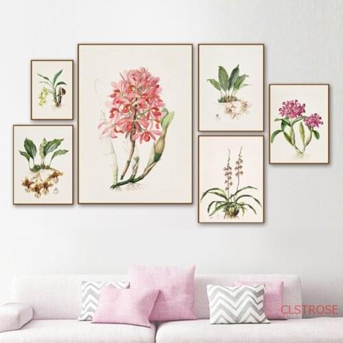Nordic Plant Poster Vintage Oil Canvas Painting Purple Red Orchid Plum Art Wall Pictures For Living Room Home Decoration