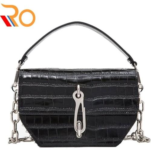 Crocodile Pattern Genuine Leather Chain Saddle Bag Embossed Rivet Bag 2019 Fashion Women Shoulder Messenger Bag