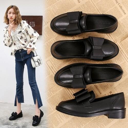 Preppy Big butterfly-knot small leather shoes women flats round toe slip on loafers derbies ins thick heels oxfords female 2021