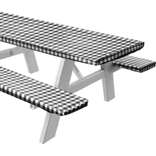 Vinyl Picnic Table and Bench Fitted Tablecloth Cover, Checkered Design, 3-Piece Set