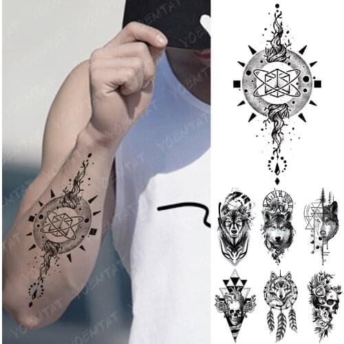 Waterproof Temporary Tattoo Sticker Circular Totem Sun Energy Flash Tattoos Wolf Skull Body Art Arm Fake Sleeve Tatoo Women Men