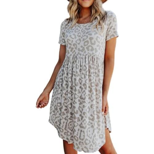 Sexy Leopard Print Round Neck Skirt Loose Short Sleeve Casual Dresses For Women 21 Summer New Fashion Gray Feminina LD1731