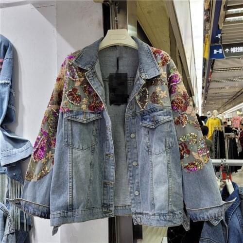 2021 Autumn Fashion Heavy Work Diamond Beading Flowers Denim Jacket Coat Women Loose Short Outerwear Korean Jeans Jackets Female