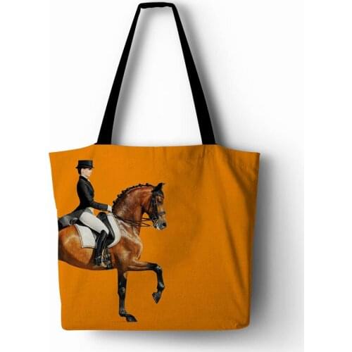 Both sides printed Horse 2 Designs On 1 Handbag Linen Polyester Women shopping Tote Home Storage with Casual Traveling Beach Bag