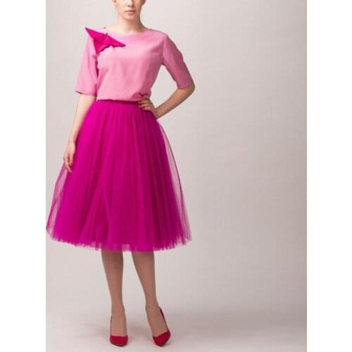 2017 Hot Pink Tulle Tutu Midi Skirt High Quality 5 Layer Tulle Solid Knee Length Women Skirt Vintage Lolita Saia faldas Jupe