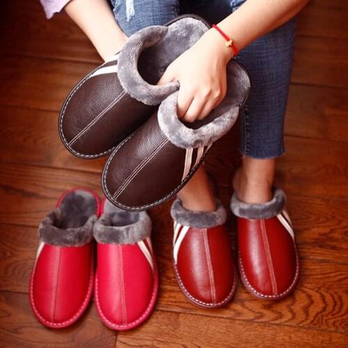 Womens Genuine Leather Indoor Slippers Warm Soft Couples Home Shoes Anti-Slip Solid Color Casual Slippers for Men