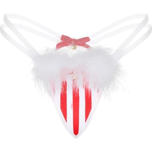 Women Christmas Striped Lingerie G-String Thong T-shirt Underwear Feather Trimming Bowknot Bell T-Back Thongs Briefs Underpants