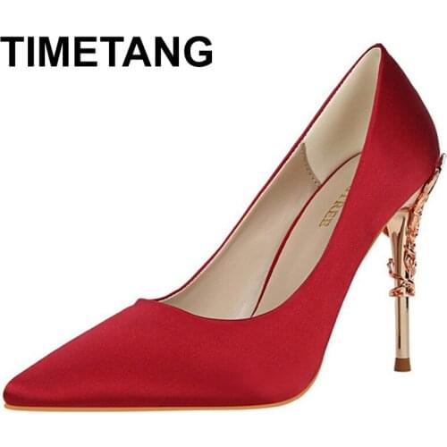 TIMETANGMetal Carved Wedding Bridal High Heels Solid Silk Shoes Pointed Toe Shallow Women Pumps Ladies Elegant High Heels 10cm