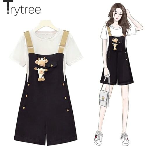 Trytree Summer Women Two Piece Set Casual O-neck Solid Cotton T-shirt + Wide Legs Overalls Calf Doll Strap Shorts 2 Piece Set