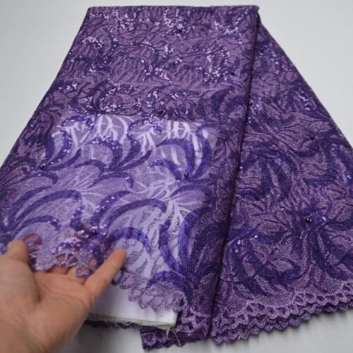 5yards/pc) 2020 newest arrival African tulle fabric purple French net lace with sequins embroidery and beads for dress FLP228