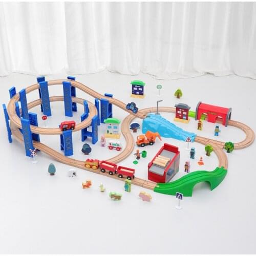 Wooden Toy Train Track Blue Circular Bridge Pier Puzzle Building Block Assembly Toy Compatible with Brand Wooden Railway Toy Set