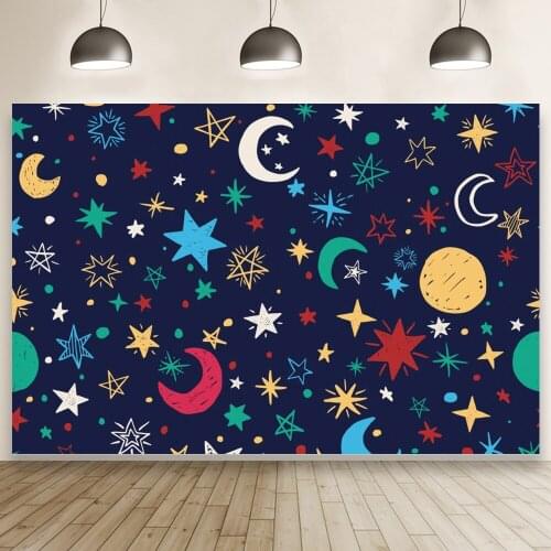 Cartoon Moon with StarsTheme Happy Birthday Backdrop Photography Baby Shower Studio Background Wall Decorations Prop Banner