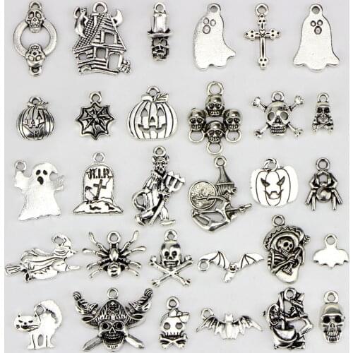Halloween Ancient Silver Color Accessories 30 Pieces Ghosts Cats skeleton Bracelets Accessories Pendants diy Accessories