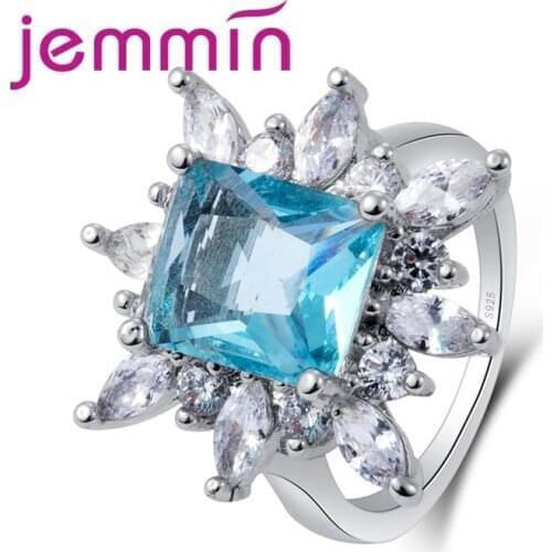 Generous Elegant Fashion Lady Big Blue Square White CZ Stone 925 Sterling Silver Round Ring Jewelry For Women Wholesale