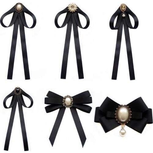 L93F Imitation Pearl Ribbon Brooches Pin Bow Tie Vintage Pre-Tied Collar Jewelry Bowknot Shirt Necktie Clip for Women Girls