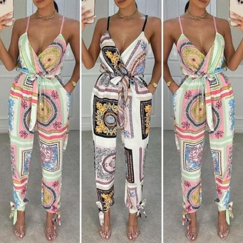 LZS2344 Ninimour Sexy Womens Clothings Summer Fashion Scarf Print Pocket Design Sleeveless Jumpsuit Casual One Piece Long Pants