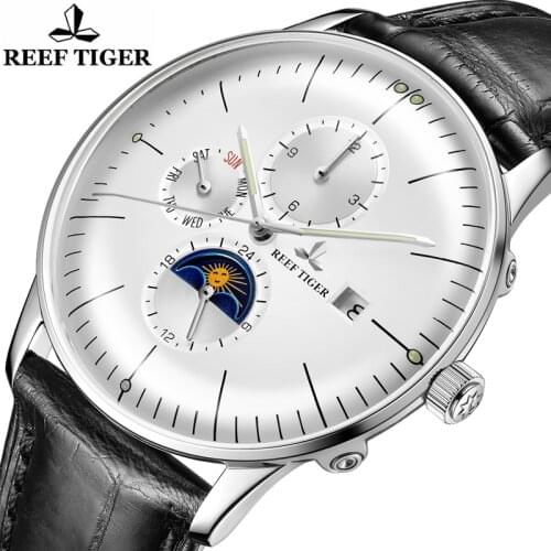 Reef Tiger Original Aurora Serier Men Sports Japan Quartz WristWatches Chronograph Date Big Dial Super Luminous Multi Functions