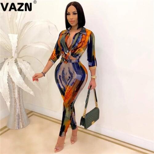 VAZN 2020 New Women Striped V-neck Elegant Lady Set Outdoor Clothing Suit Women Full Sleeve Tracksuit