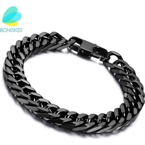 BONISKISS 2020 New Classic Black Stainless Steel Bracelets for Men Cool Hip Pop Cuff Bangle Jewelry Mans Fashion Decoration